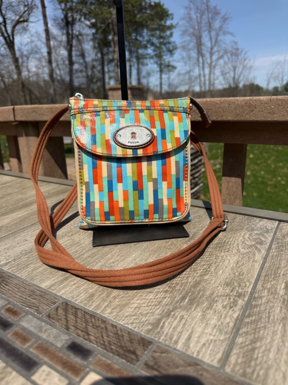 EUC Fossil Key-Per Geometric Striped Pattern Vintage Crossbody Bag - Picture 4 of 12